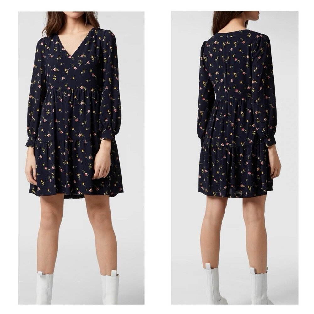 Ralph Lauren Floral Long Sleeve V-Neck Crepe Style Mini Dress Navy Blue Size 12 - Picture 2 of 16